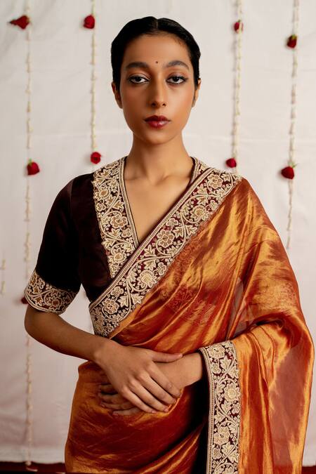 Buy Mimamsaa Brown Satin Silk Placement Embroidery Sequins V Neck Qudrah Blouse Online at Aza Fashions Buy_Mimamsaa_Brown Satin Silk Placement Embroidery Sequins V Neck Qudrah Blouse _Online_at_Aza_Fashions