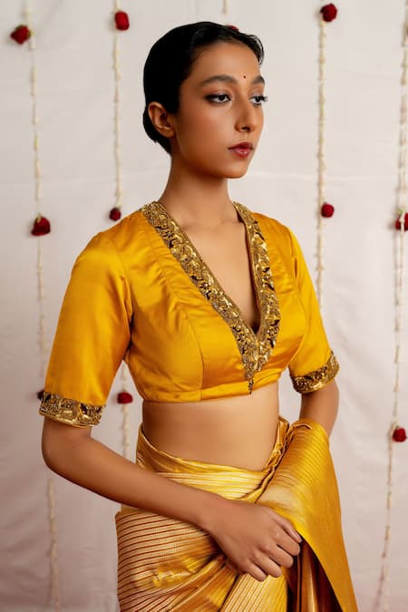 Mimamsaa_Yellow Satin Silk Placement Embroidery Sequins V Neck Saeeda Blouse _Online_at_Aza_Fashions