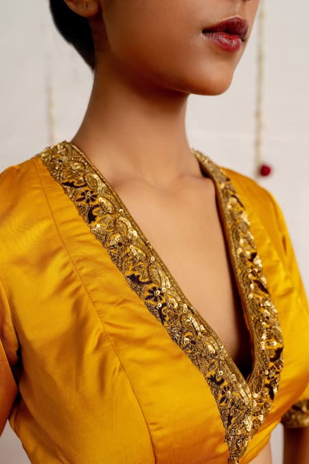 Buy_Mimamsaa_Yellow Satin Silk Placement Embroidery Sequins V Neck Saeeda Blouse _Online_at_Aza_Fashions