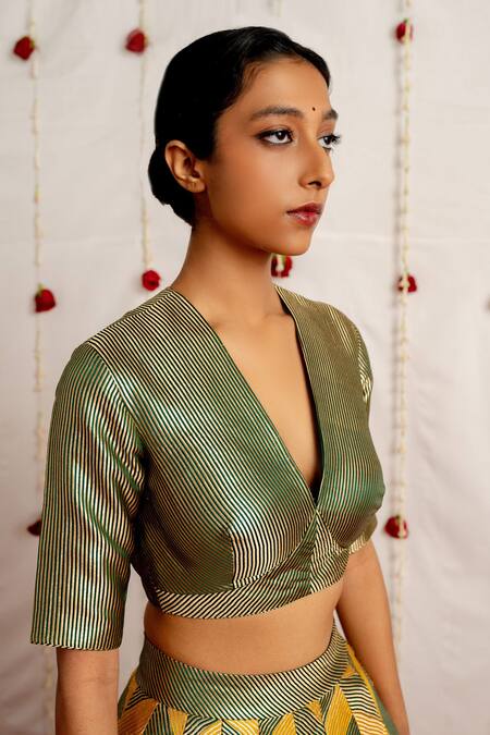 Mimamsaa_Green Satin Silk Woven Stripe Deep V Neck Safa Blouse_Online_at_Aza_Fashions
