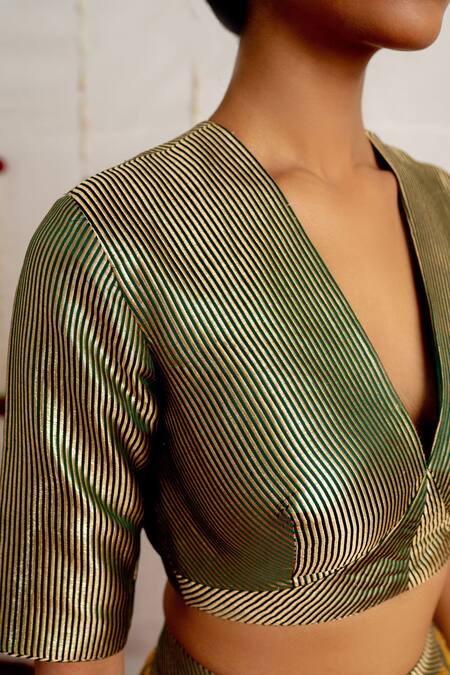 Shop_Mimamsaa_Green Satin Silk Woven Stripe Deep V Neck Safa Blouse_Online_at_Aza_Fashions