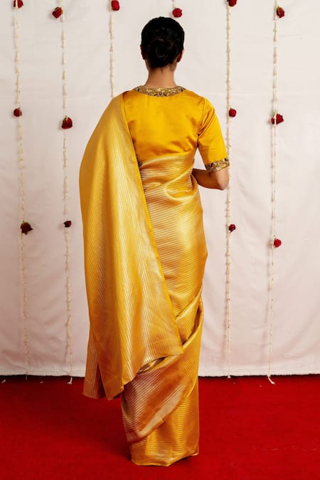 Shop Mimamsaa Yellow Satin Silk Woven Stripe Shaima Pattern Saree With Running Blouse at Aza Fashions Shop_Mimamsaa_Yellow Satin Silk Woven Stripe Shaima Pattern Saree With Running Blouse _at_Aza_Fashions