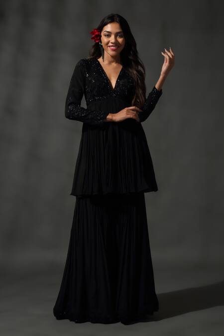 Priyanka Jain_Black Silk, Viscose, Satin Floral Jaal Embroidered Peplum Kurta Sharara Set _Online_at_Aza_Fashions