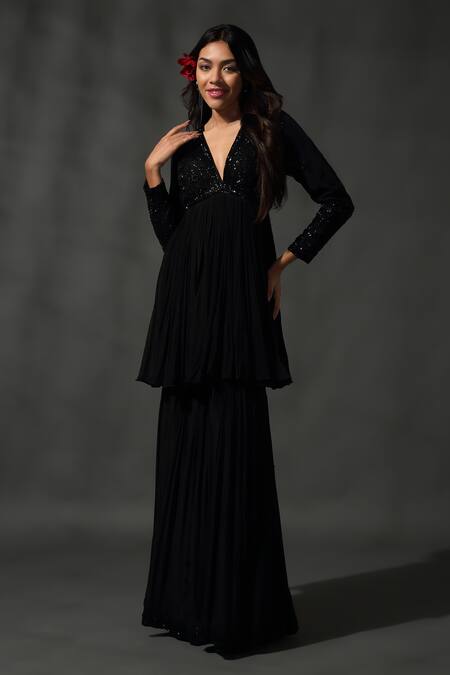 Buy_Priyanka Jain_Black Silk, Viscose, Satin Floral Jaal Embroidered Peplum Kurta Sharara Set _Online_at_Aza_Fashions