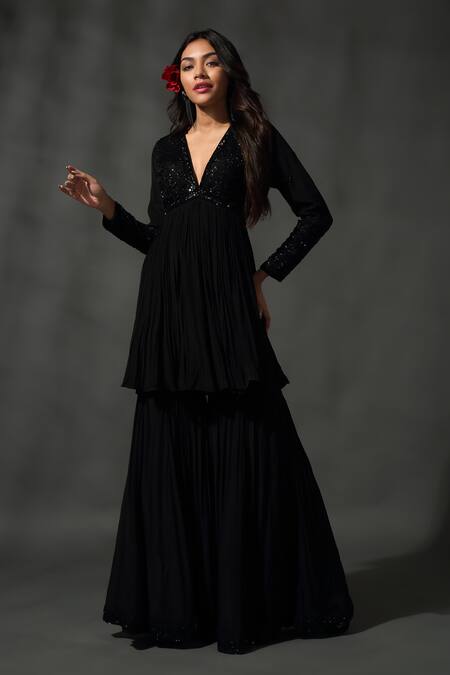 Shop_Priyanka Jain_Black Silk, Viscose, Satin Floral Jaal Embroidered Peplum Kurta Sharara Set _Online_at_Aza_Fashions