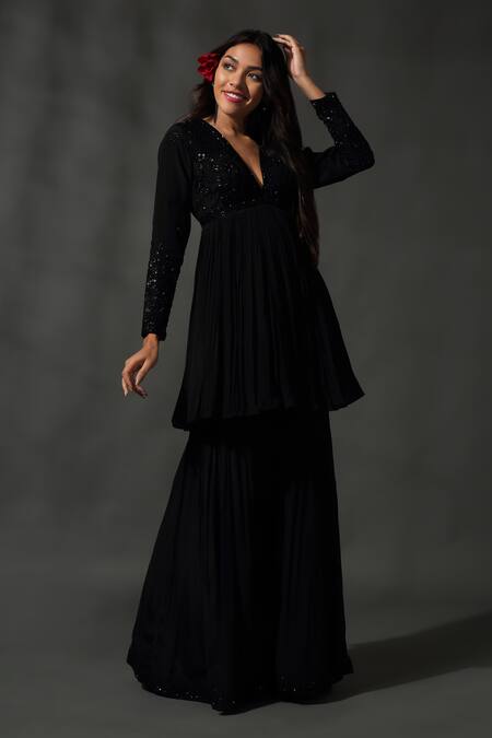 Priyanka Jain_Black Silk, Viscose, Satin Floral Jaal Embroidered Peplum Kurta Sharara Set _at_Aza_Fashions