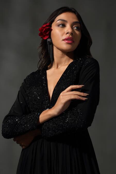 Buy_Priyanka Jain_Black Silk, Viscose, Satin Floral Jaal Embroidered Peplum Kurta Sharara Set 