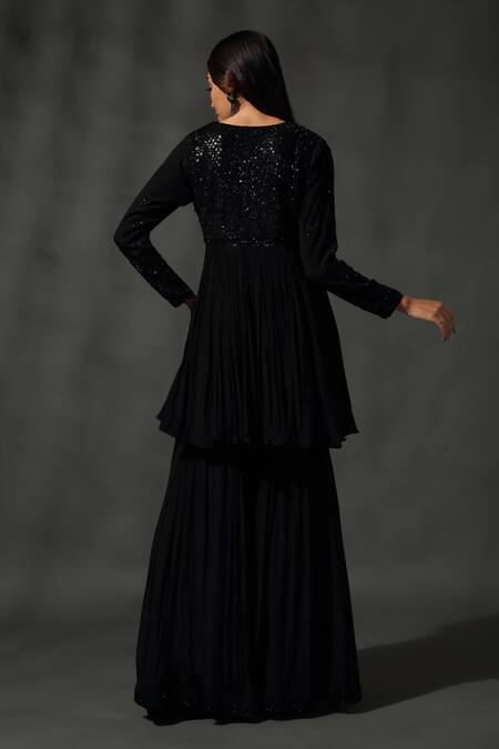 Shop_Priyanka Jain_Black Silk, Viscose, Satin Floral Jaal Embroidered Peplum Kurta Sharara Set 
