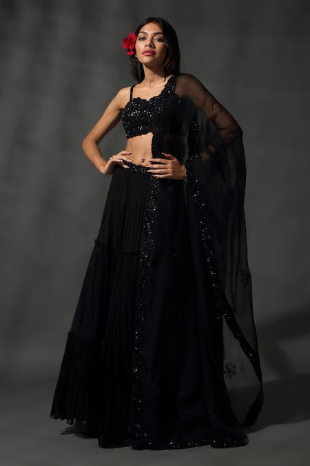 Priyanka Jain Black Georgette Embroidered Sequins Bead Blouse Tiered Lehenga Set 