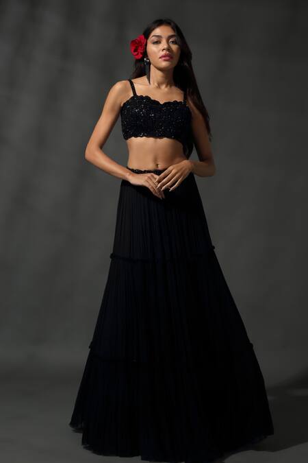 Priyanka Jain_Black Georgette, Linen Beads, Sequins Embroidered Blouse Tiered Lehenga Set _Online_at_Aza_Fashions