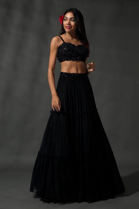 Buy_Priyanka Jain_Black Georgette, Linen Beads, Sequins Embroidered Blouse Tiered Lehenga Set _Online_at_Aza_Fashions