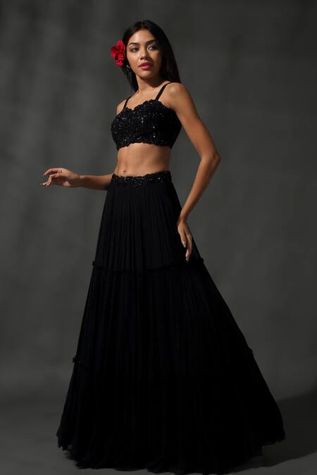 Shop_Priyanka Jain_Black Georgette, Linen Beads, Sequins Embroidered Blouse Tiered Lehenga Set _Online_at_Aza_Fashions
