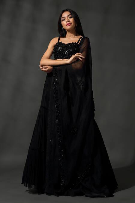 Priyanka Jain_Black Georgette, Linen Beads, Sequins Embroidered Blouse Tiered Lehenga Set _at_Aza_Fashions
