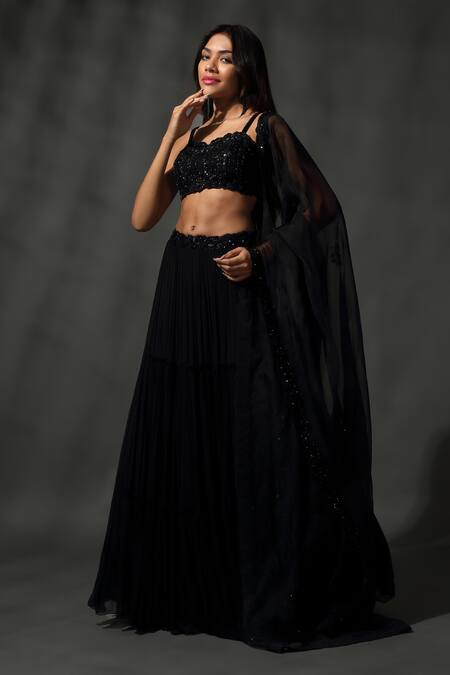 Buy_Priyanka Jain_Black Georgette, Linen Beads, Sequins Embroidered Blouse Tiered Lehenga Set 