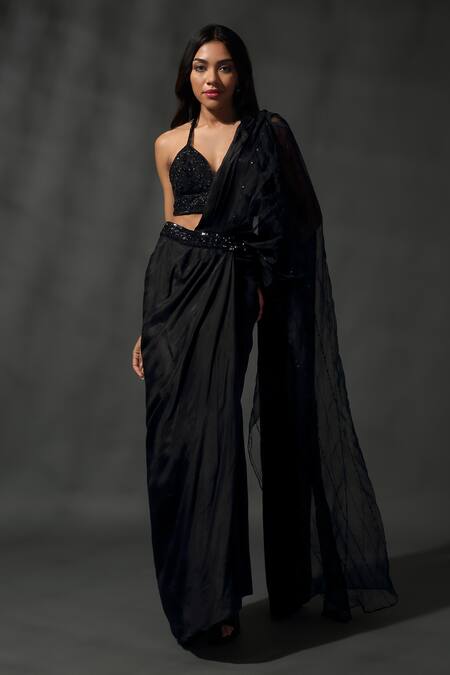 Priyanka Jain_Black Organza, Silk, Viscose Sequins, Embroidered Blouse With Pre-draped Saree _Online_at_Aza_Fashions