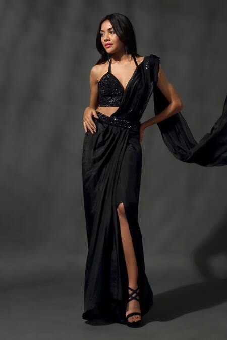 Shop_Priyanka Jain_Black Organza, Silk, Viscose Sequins, Embroidered Blouse With Pre-draped Saree _Online_at_Aza_Fashions