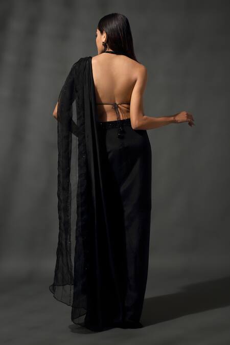 Shop_Priyanka Jain_Black Organza, Silk, Viscose Sequins, Embroidered Blouse With Pre-draped Saree 