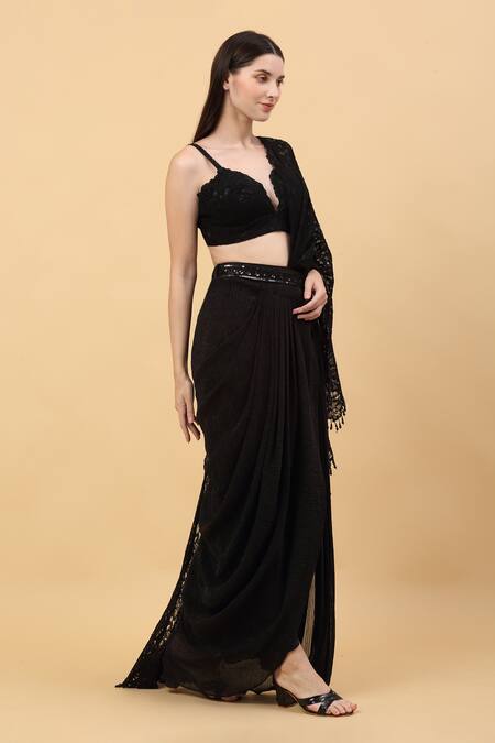Buy_Priyanka Jain_Black Nylon, Viscose Lace, Sequins, Floral Pallu Pre-draped Saree With Blouse _Online_at_Aza_Fashions