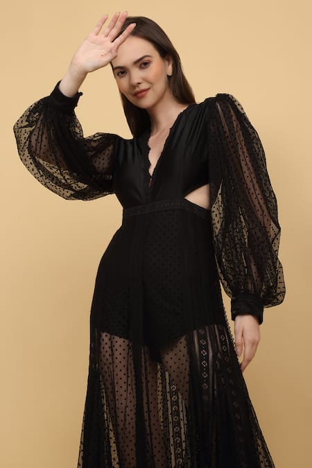 Shop_Priyanka Jain_Black Nylon, Viscose Lace Plunge Neck Layered Gown _Online_at_Aza_Fashions
