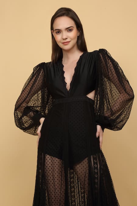 Buy_Priyanka Jain_Black Nylon, Viscose Lace Plunge Neck Layered Gown 