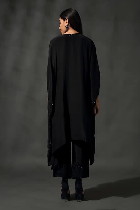 Shop_Priyanka Jain_Black Silk, Viscose Sequins, Beads Floral Vine Embroidered Kaftan With Pant _at_Aza_Fashions