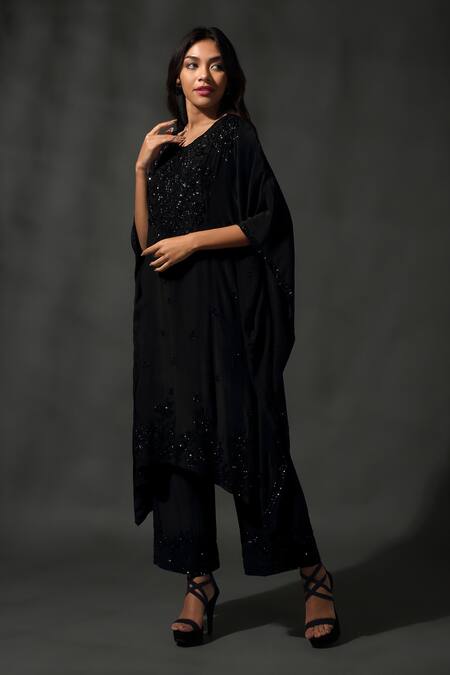 Buy_Priyanka Jain_Black Silk, Viscose Sequins, Beads Floral Vine Embroidered Kaftan With Pant _Online_at_Aza_Fashions