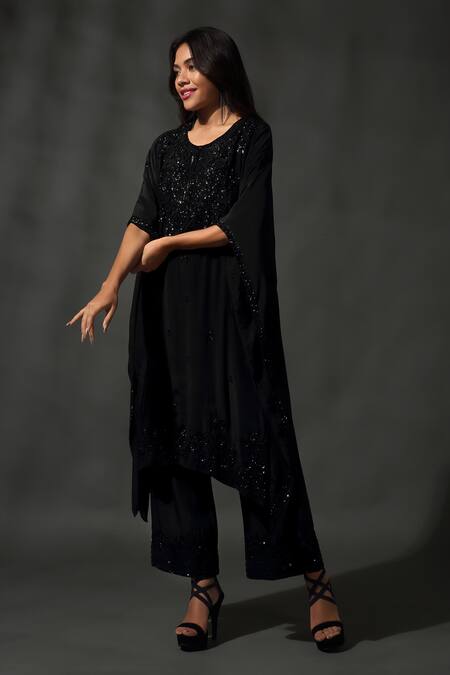 Shop_Priyanka Jain_Black Silk, Viscose Sequins, Beads Floral Vine Embroidered Kaftan With Pant _Online_at_Aza_Fashions