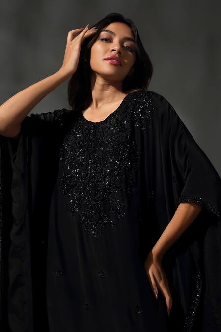 Priyanka Jain_Black Silk, Viscose Sequins, Beads Floral Vine Embroidered Kaftan With Pant _at_Aza_Fashions