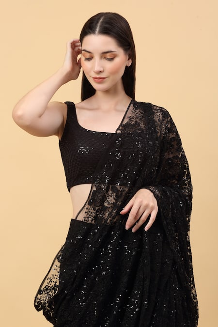 Buy_Priyanka Jain_Black Net, Linen, Viscose Sequins, Floral Pre-stitched Saree With Blouse _Online_at_Aza_Fashions