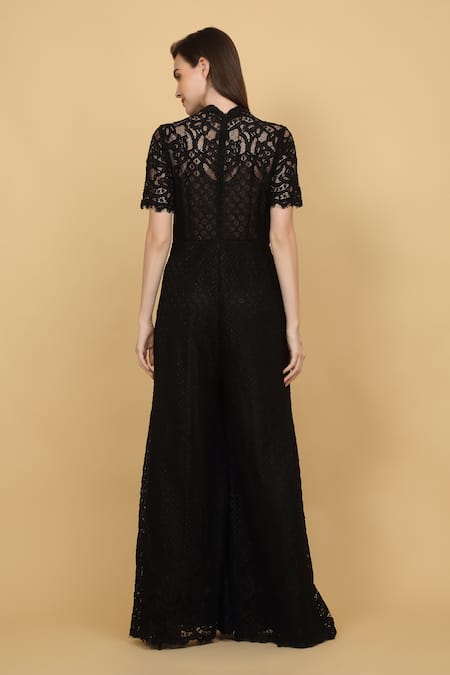 Shop_Priyanka Jain_Black , Linen Collared Floral Jumpsuit _at_Aza_Fashions