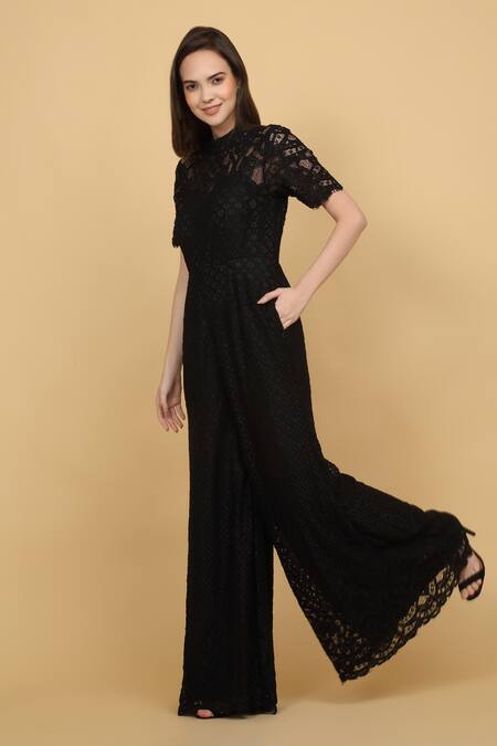 Priyanka Jain_Black , Linen Collared Floral Jumpsuit _Online_at_Aza_Fashions