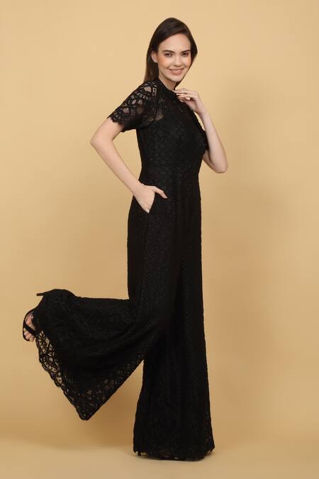 Buy_Priyanka Jain_Black , Linen Collared Floral Jumpsuit _Online_at_Aza_Fashions