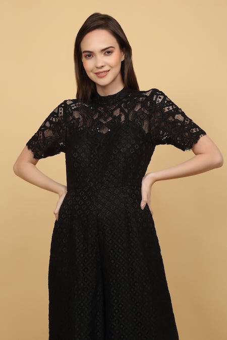 Shop_Priyanka Jain_Black , Linen Collared Floral Jumpsuit _Online_at_Aza_Fashions