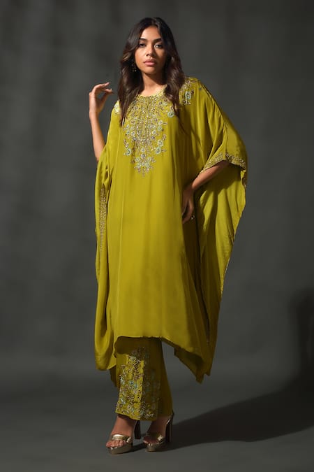 Priyanka Jain Yellow Sheesha Silk Embroidered Floral Blossom Kaftan With Palazzo 