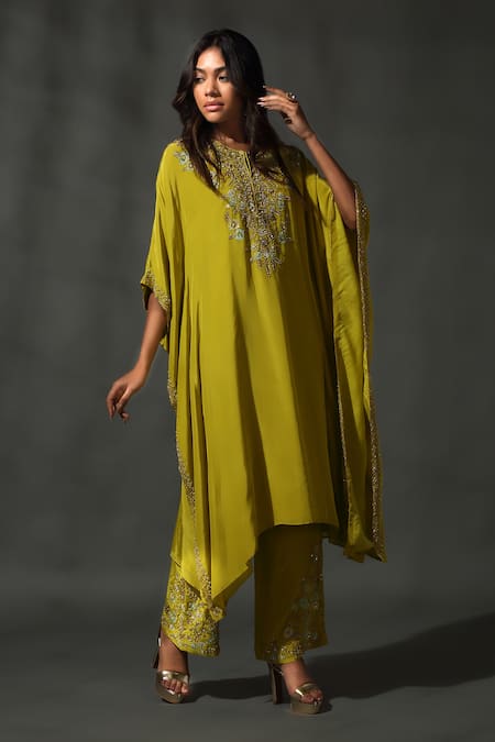 Buy_Priyanka Jain_Yellow Satin, Silk Sequins, Beads Floral Blossom Embroidered Kaftan With Palazzo _Online_at_Aza_Fashions