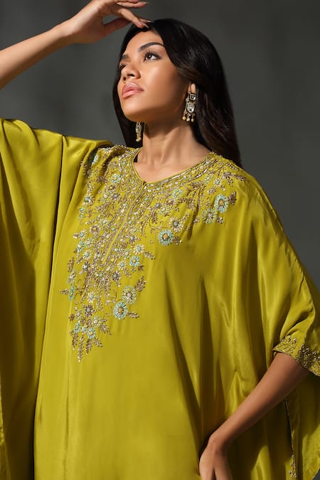 Shop_Priyanka Jain_Yellow Satin, Silk Sequins, Beads Floral Blossom Embroidered Kaftan With Palazzo _Online_at_Aza_Fashions