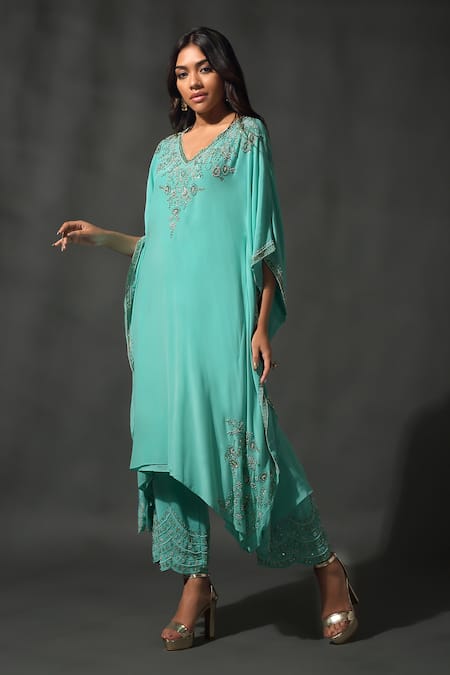 Priyanka Jain_Blue Satin, Silk Sequins, Beads V-neck Blossom Embroidered Kaftan With Palazzo _Online_at_Aza_Fashions