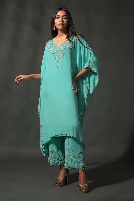 Buy_Priyanka Jain_Blue Satin, Silk Sequins, Beads V-neck Blossom Embroidered Kaftan With Palazzo _Online_at_Aza_Fashions