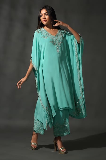 Shop_Priyanka Jain_Blue Satin, Silk Sequins, Beads V-neck Blossom Embroidered Kaftan With Palazzo _Online_at_Aza_Fashions