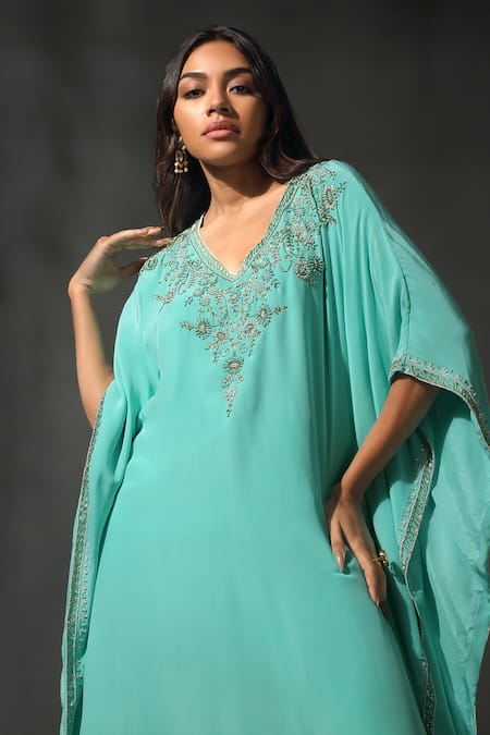 Priyanka Jain_Blue Satin, Silk Sequins, Beads V-neck Blossom Embroidered Kaftan With Palazzo _at_Aza_Fashions