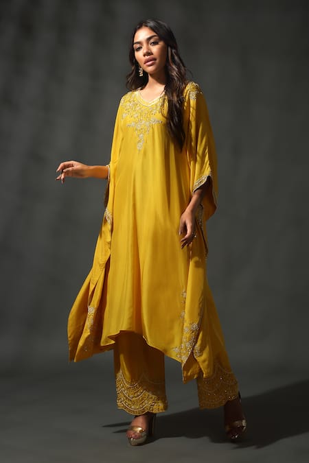 Priyanka Jain Yellow Silk Sequins, Beads V-neck Blossom Embroidered Kaftan With Palazzo Online at Aza Fashions Priyanka Jain_Yellow Silk Sequins, Beads V-neck Blossom Embroidered Kaftan With Palazzo _Online_at_Aza_Fashions