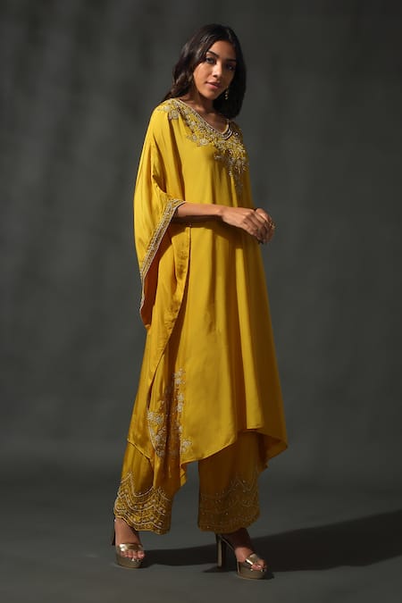 Buy Priyanka Jain Yellow Silk Sequins, Beads V-neck Blossom Embroidered Kaftan With Palazzo Online at Aza Fashions Buy_Priyanka Jain_Yellow Silk Sequins, Beads V-neck Blossom Embroidered Kaftan With Palazzo _Online_at_Aza_Fashions