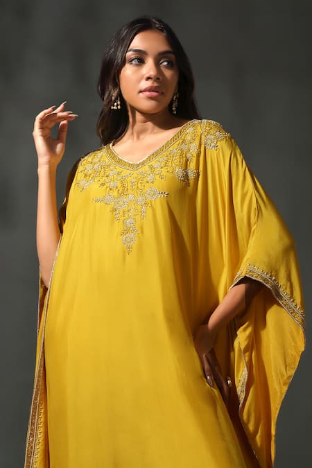 Shop Priyanka Jain Yellow Silk Sequins, Beads V-neck Blossom Embroidered Kaftan With Palazzo Online at Aza Fashions Shop_Priyanka Jain_Yellow Silk Sequins, Beads V-neck Blossom Embroidered Kaftan With Palazzo _Online_at_Aza_Fashions