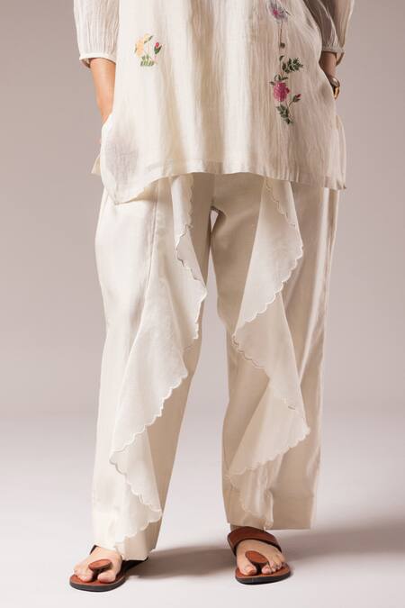 Shop_Prama By Pratima Pandey_White Silk, Chanderi, Cotton Embroidery Round Neck Hand Painted Tunic Pant Set _Online_at_Aza_Fashions