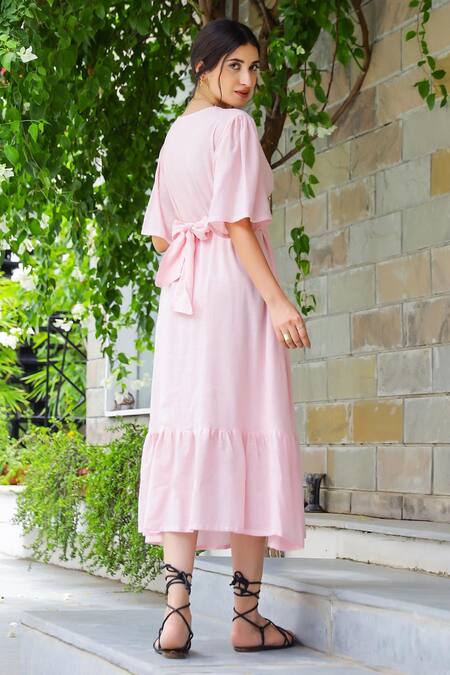 Shop Gulaal Pink Cotton V-neck Tiered Fit And Flared Midi Dress at Aza Fashions Shop_Gulaal_Pink Cotton V-neck Tiered Fit And Flared Midi Dress_at_Aza_Fashions