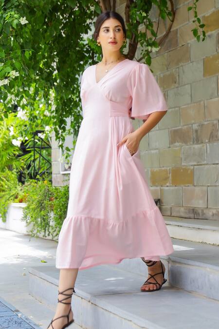 Gulaal Pink Cotton V-neck Tiered Fit And Flared Midi Dress Online at Aza Fashions Gulaal_Pink Cotton V-neck Tiered Fit And Flared Midi Dress_Online_at_Aza_Fashions