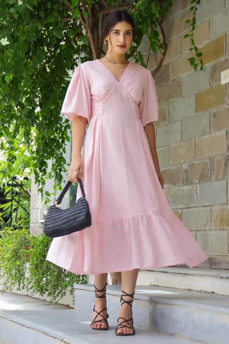 Buy Gulaal Pink Cotton V-neck Tiered Fit And Flared Midi Dress Online at Aza Fashions Buy_Gulaal_Pink Cotton V-neck Tiered Fit And Flared Midi Dress_Online_at_Aza_Fashions
