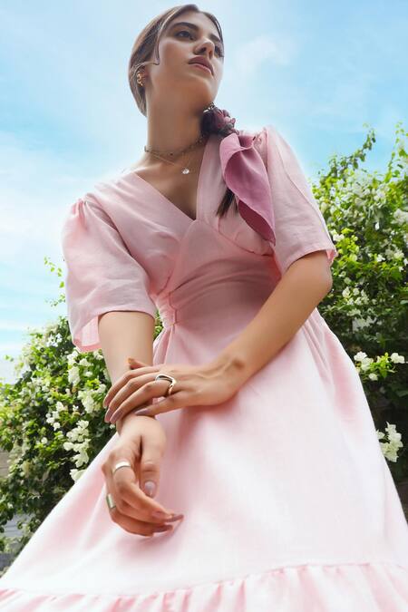 Shop Gulaal Pink Cotton V-neck Tiered Fit And Flared Midi Dress Online at Aza Fashions Shop_Gulaal_Pink Cotton V-neck Tiered Fit And Flared Midi Dress_Online_at_Aza_Fashions