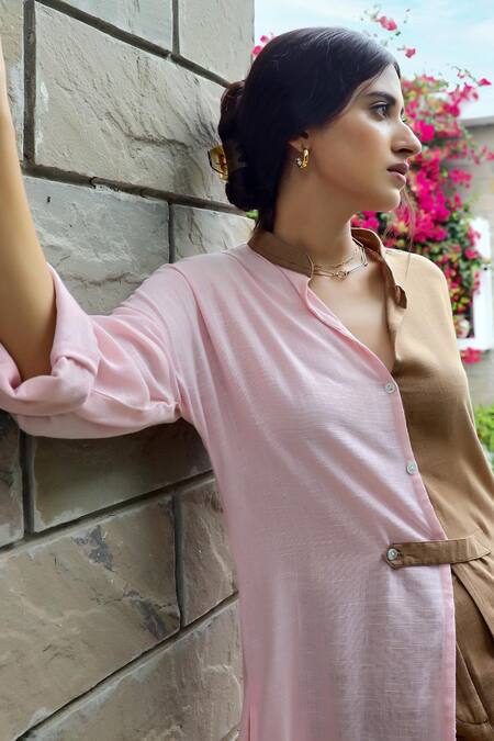 Gulaal Brown Cotton Mandarin Collar High Low Color Block Kurta And Pant Set Online at Aza Fashions Gulaal_Brown Cotton Mandarin Collar High Low Color Block Kurta And Pant Set_Online_at_Aza_Fashions