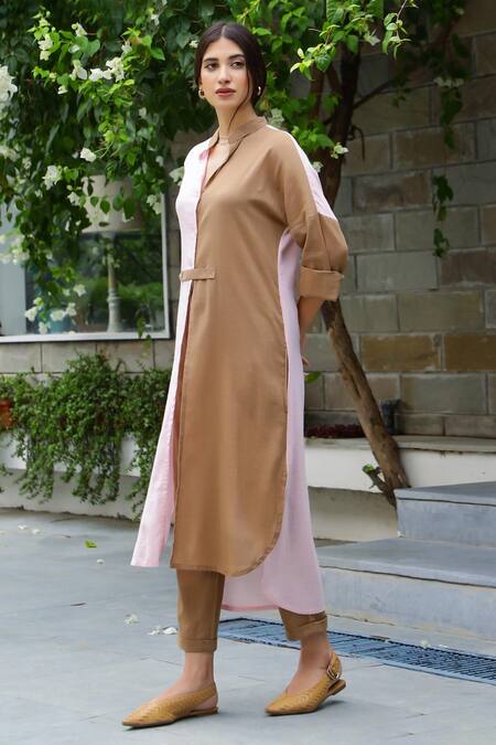 Buy Gulaal Brown Cotton Mandarin Collar High Low Color Block Kurta And Pant Set Online at Aza Fashions Buy_Gulaal_Brown Cotton Mandarin Collar High Low Color Block Kurta And Pant Set_Online_at_Aza_Fashions